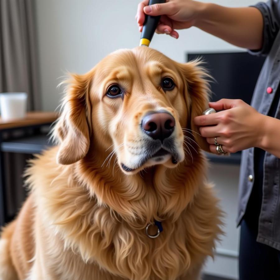 Dog being groomed