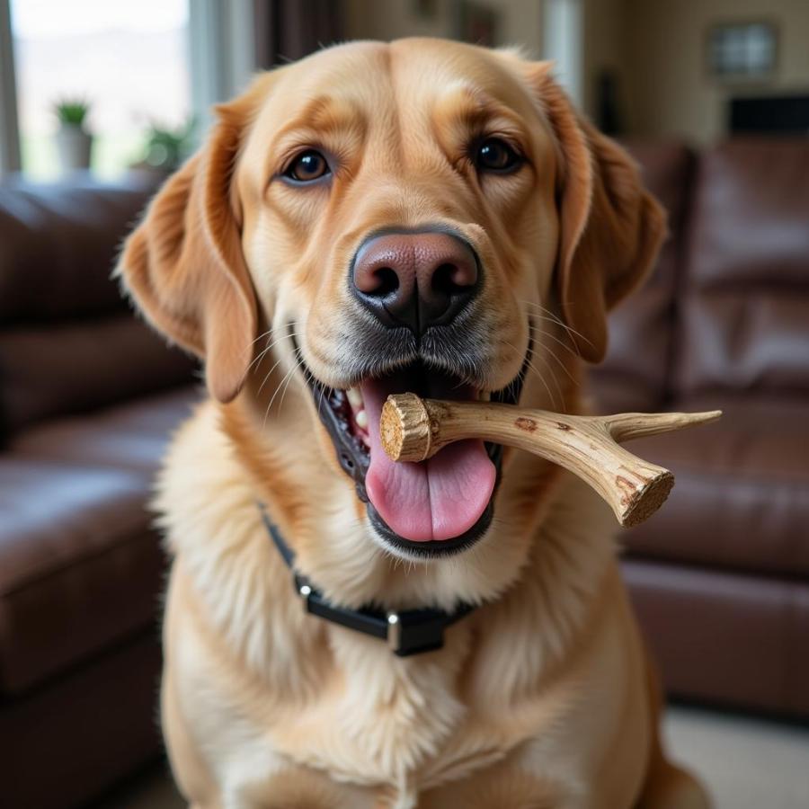 Dog chewing on deer antler