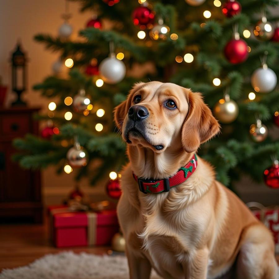 Dog sitting under a decorated Christmas tree