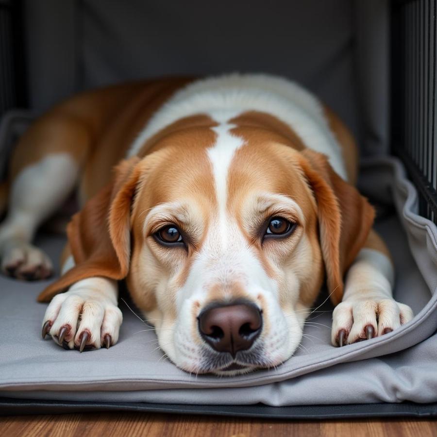 Comfortable dog in a crate