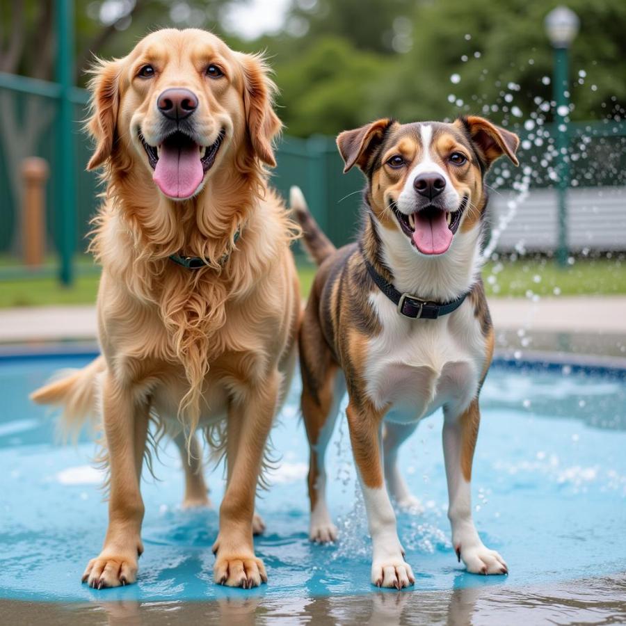 Dogs playing in the water at a Miami dog park