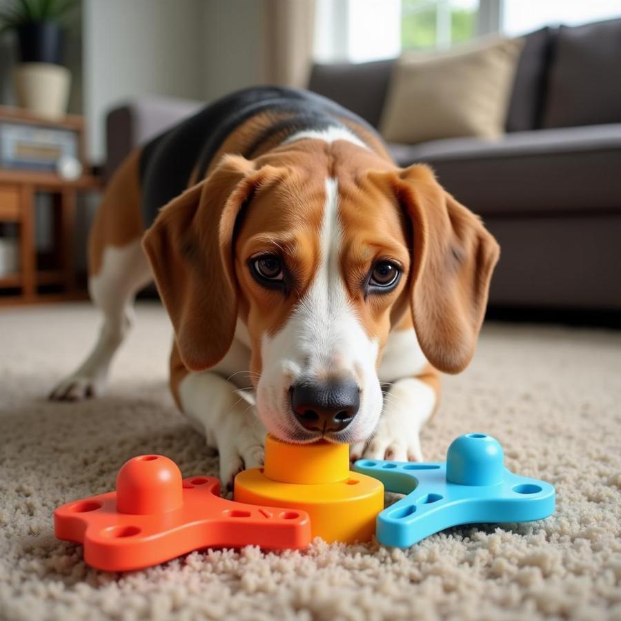 A dog playing with a creative toy