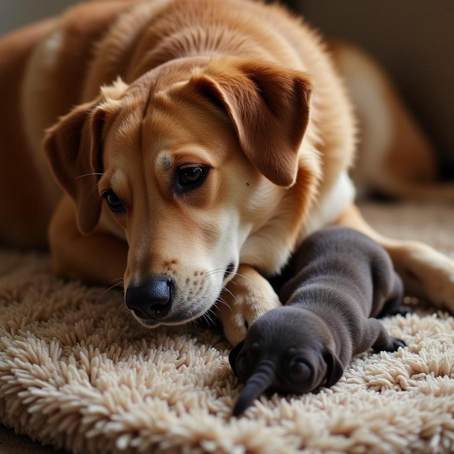 Dog giving birth to puppies