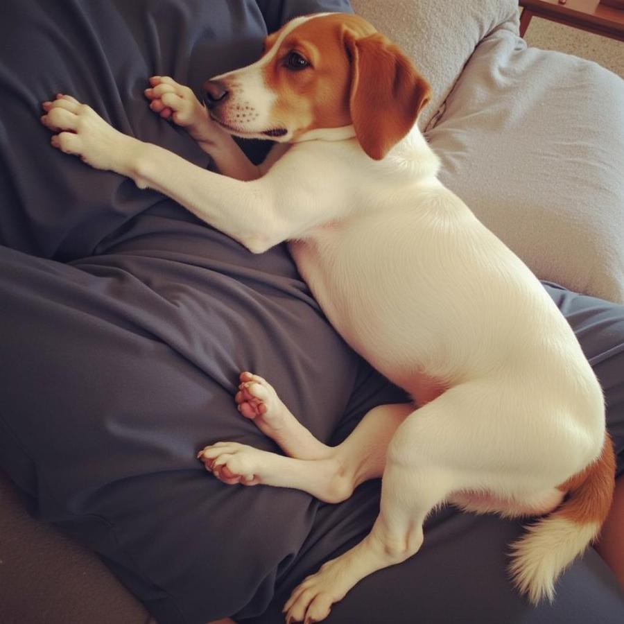 A dog stretching affectionately on its owner