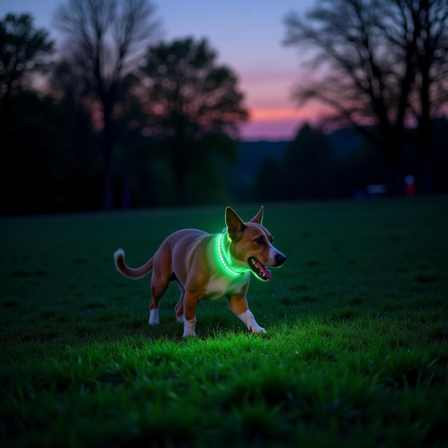 Dog with a light up collar in the park