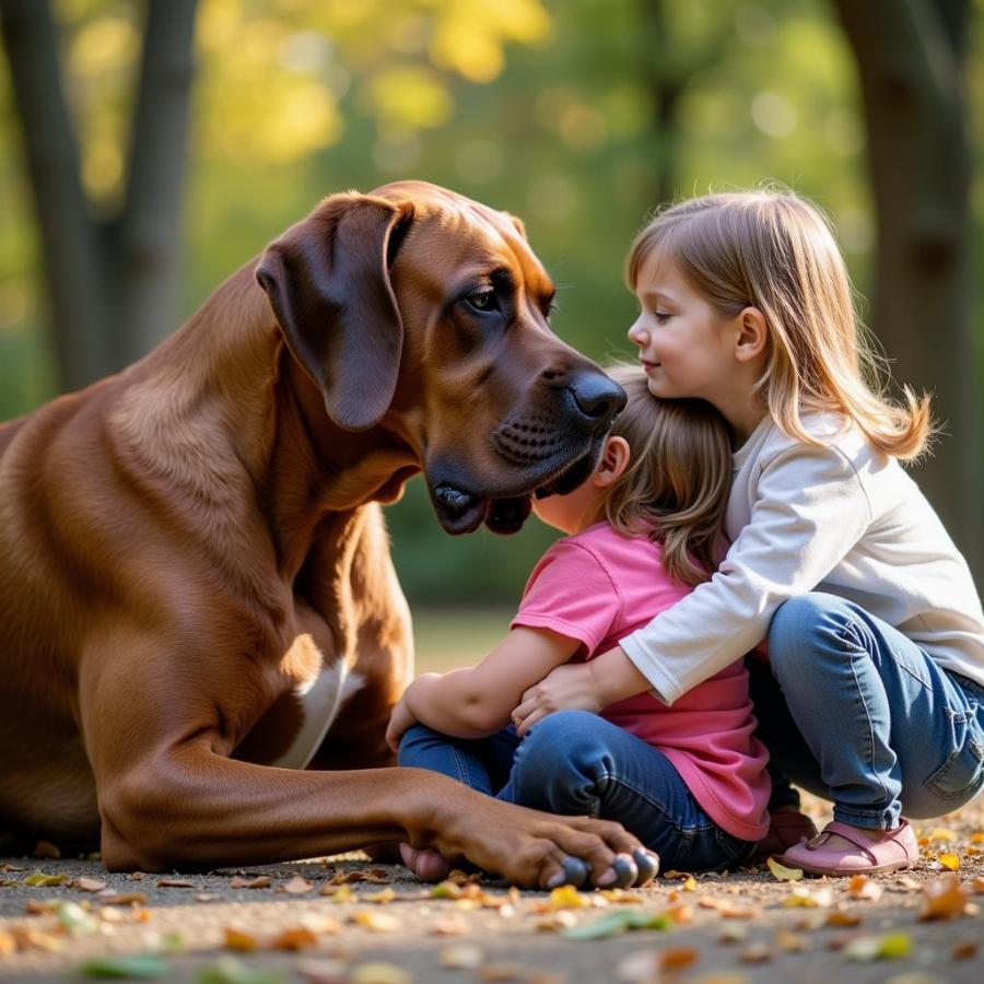 Brown Great Dane playing gently with children