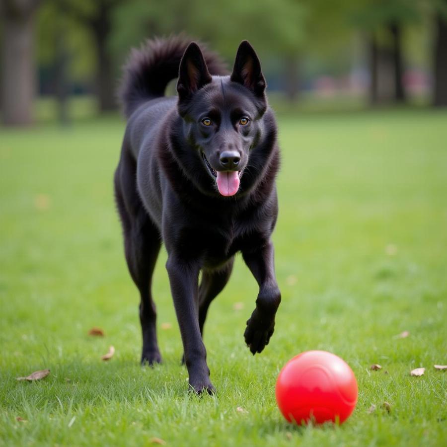 Black husky playing with a ball