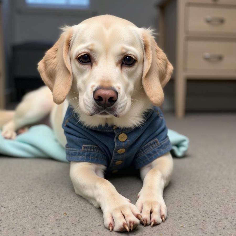 Dog Wearing Overalls After Surgery