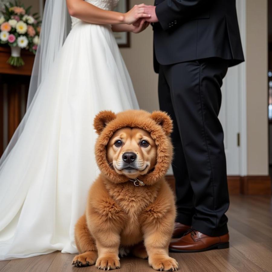 Dog Wearing a Bear Outfit at a Wedding