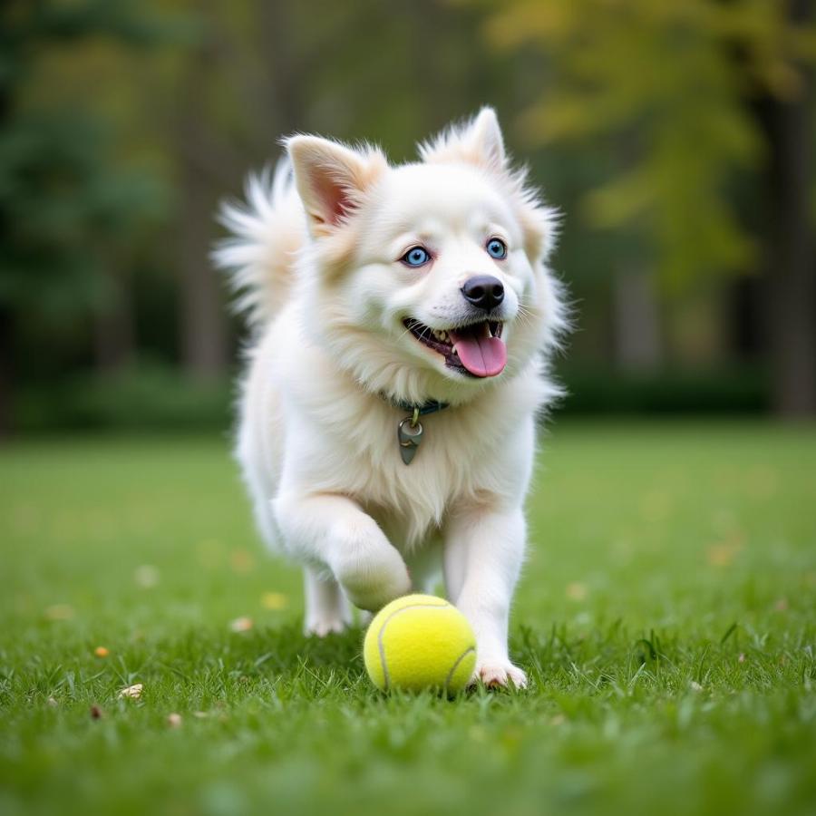 Playful blue-eyed dog playing with a ball