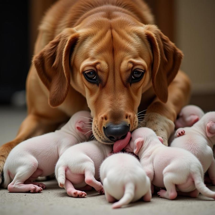 Mother dog caring for newborn puppies