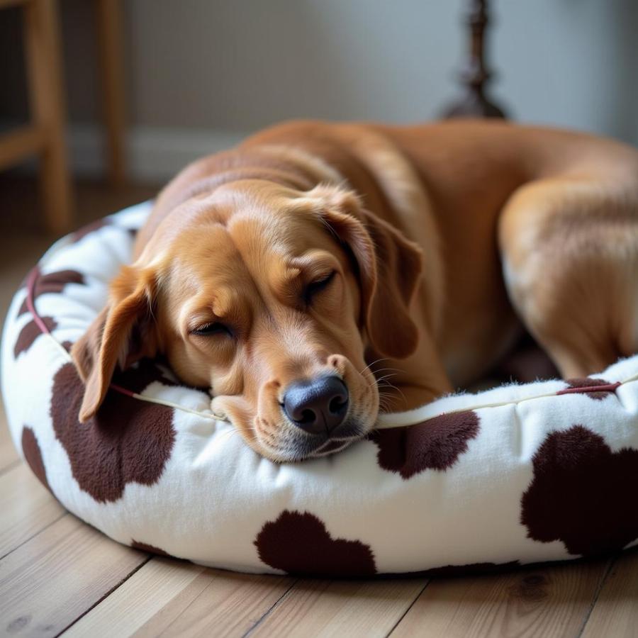 Dog Sleeping on a Cow Print Dog Bed