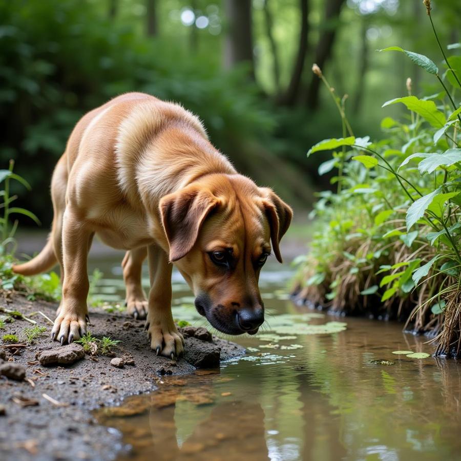 Dog infected with giardia drinking water from a stream