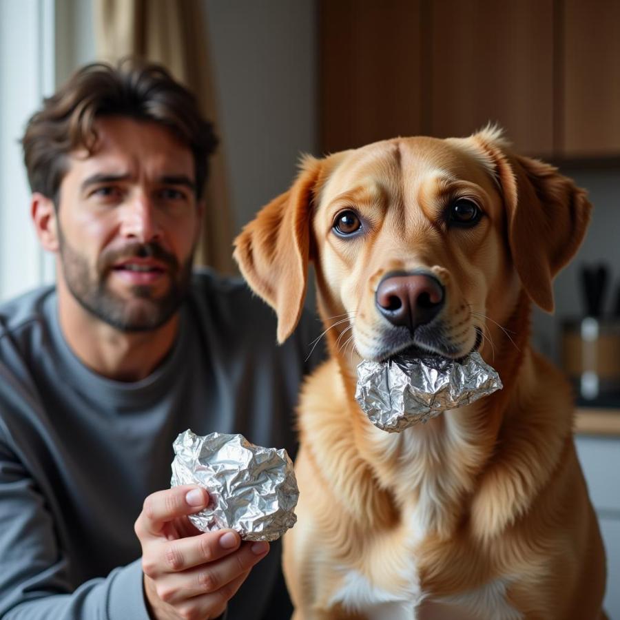 Dog swallowing tin foil