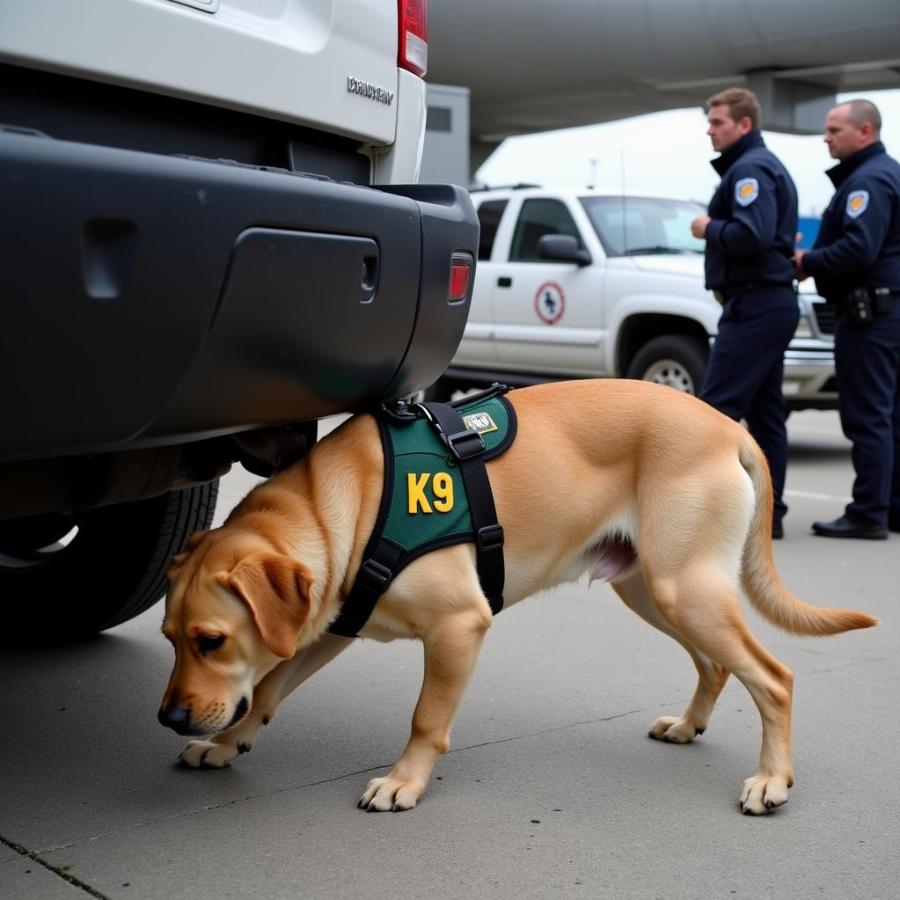 A bomb-sniffing dog meticulously searching a vehicle for explosives.