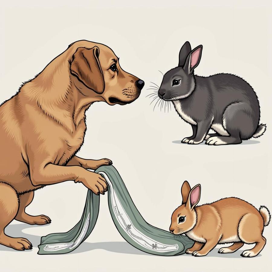 Dog and rabbit getting familiar with each other's scent