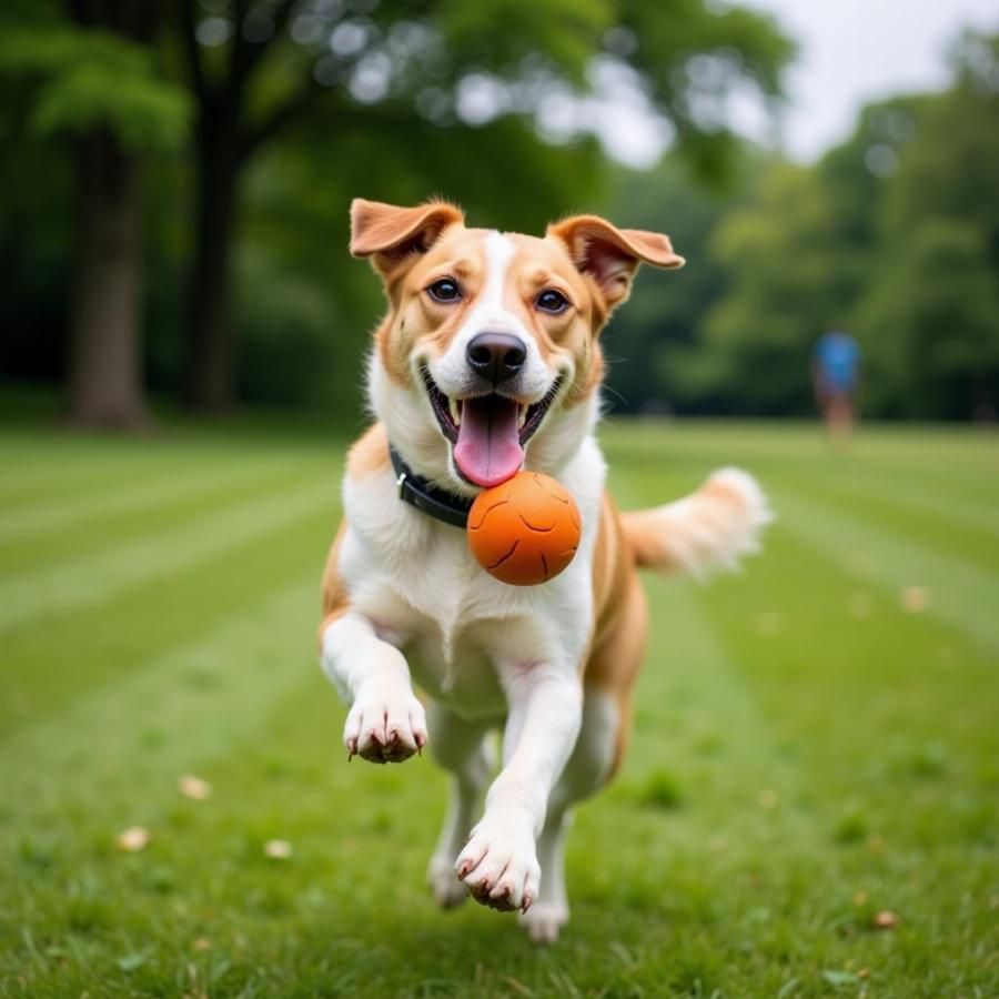 A dog playing fetch on the grass near Prospect Park Dog Beach