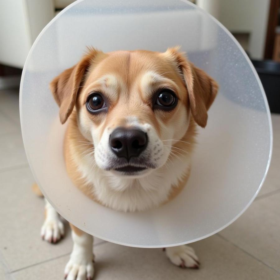 Dog wearing a cone after spay surgery