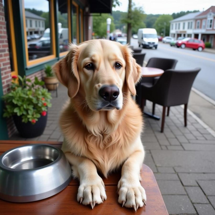 Chó thư giãn trên sân hiên nhà hàng thân thiện với chó ở Bar Harbor