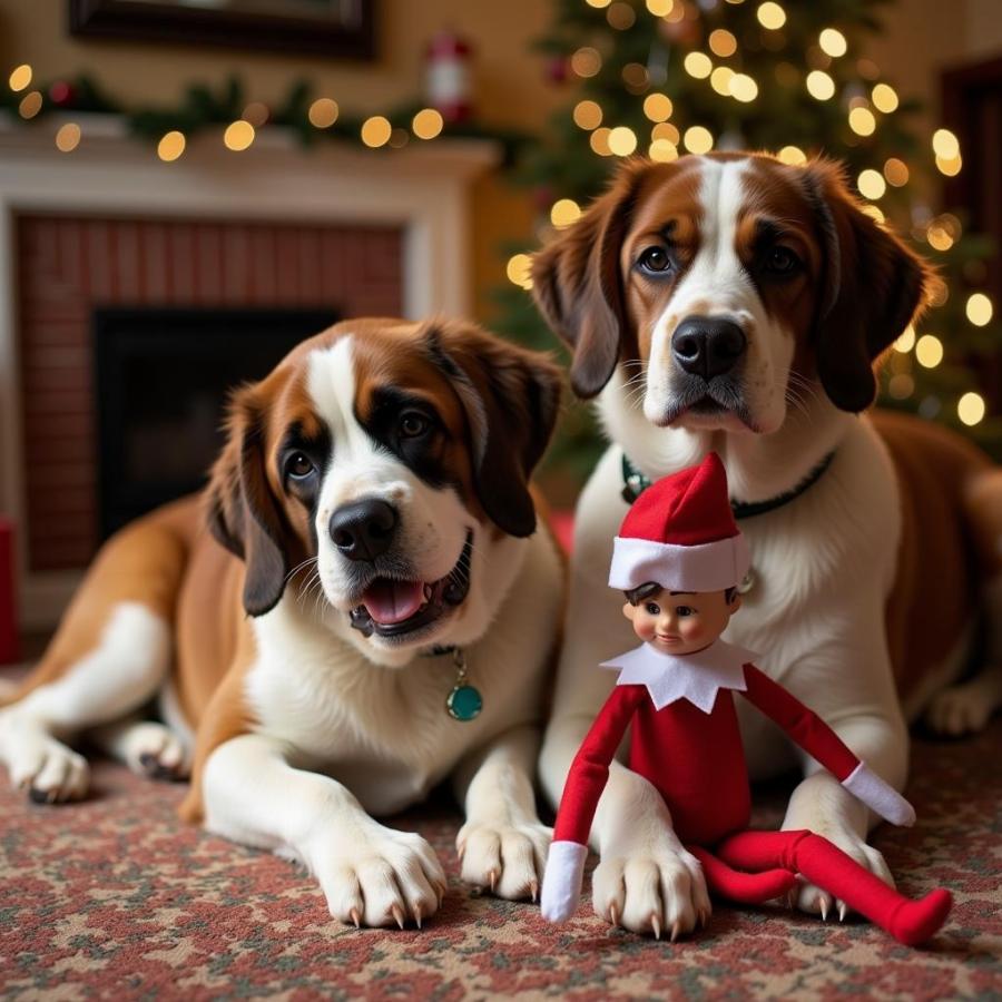 Elf on the Shelf playing with Saint Bernard dog