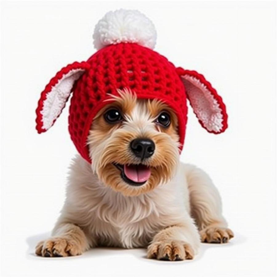 Finished Crochet Dog Hat with Ear Holes on a Dog Model