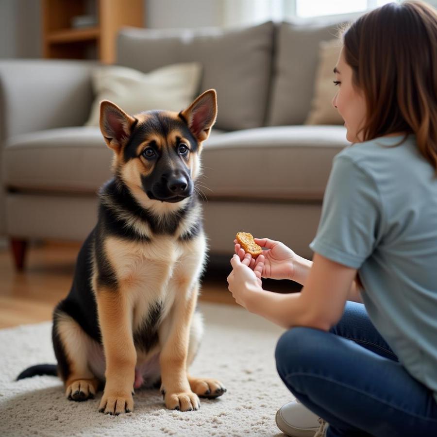 German Shepherd puppy learning to sit