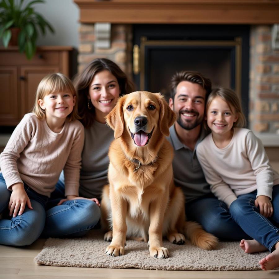 Golden Retriever posing for a family portrait