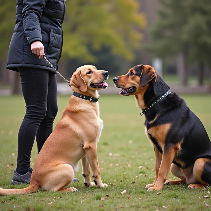 Two dogs being trained