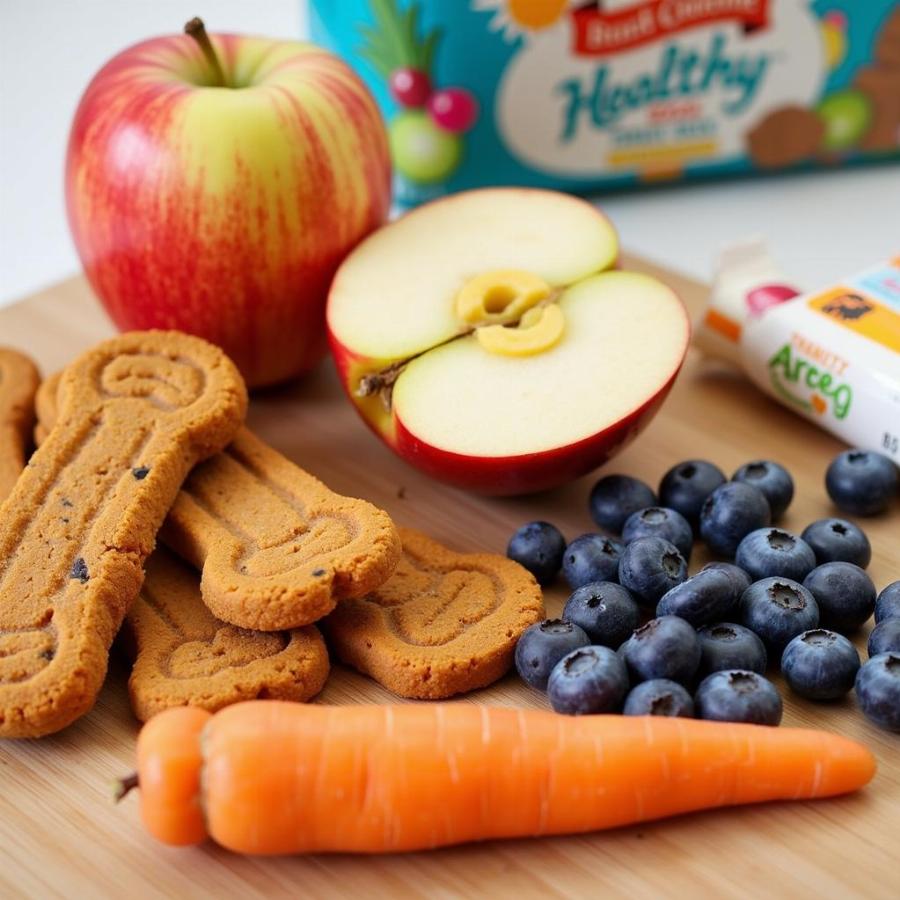 Various healthy dog treats including fruits, vegetables, and commercial treats.