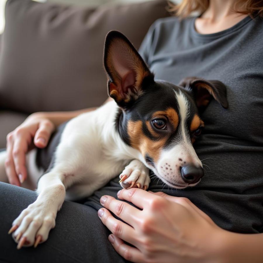 Chó Jack Russell Rat Terrier mix đang âu yếm với chủ nhân