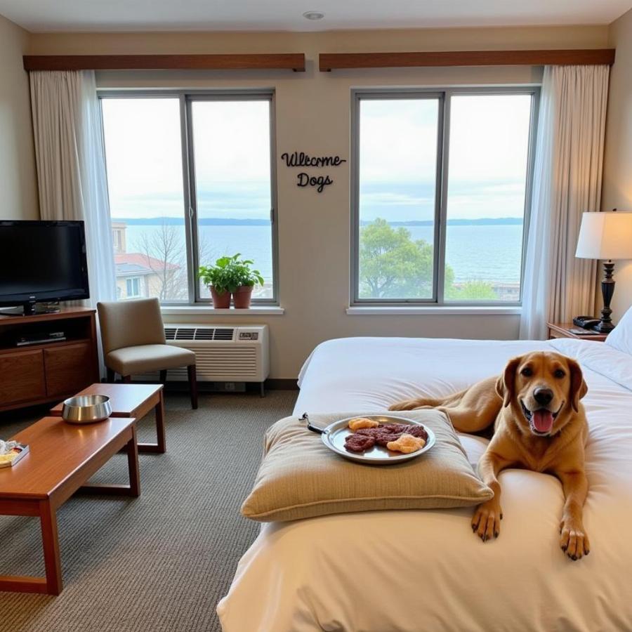 Dog-friendly hotel in Duluth with a happy dog enjoying the amenities.