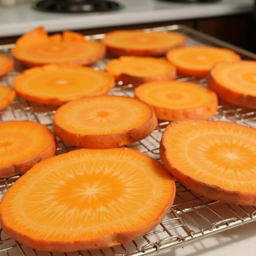 Dehydrated sweet potato slices drying on a rack