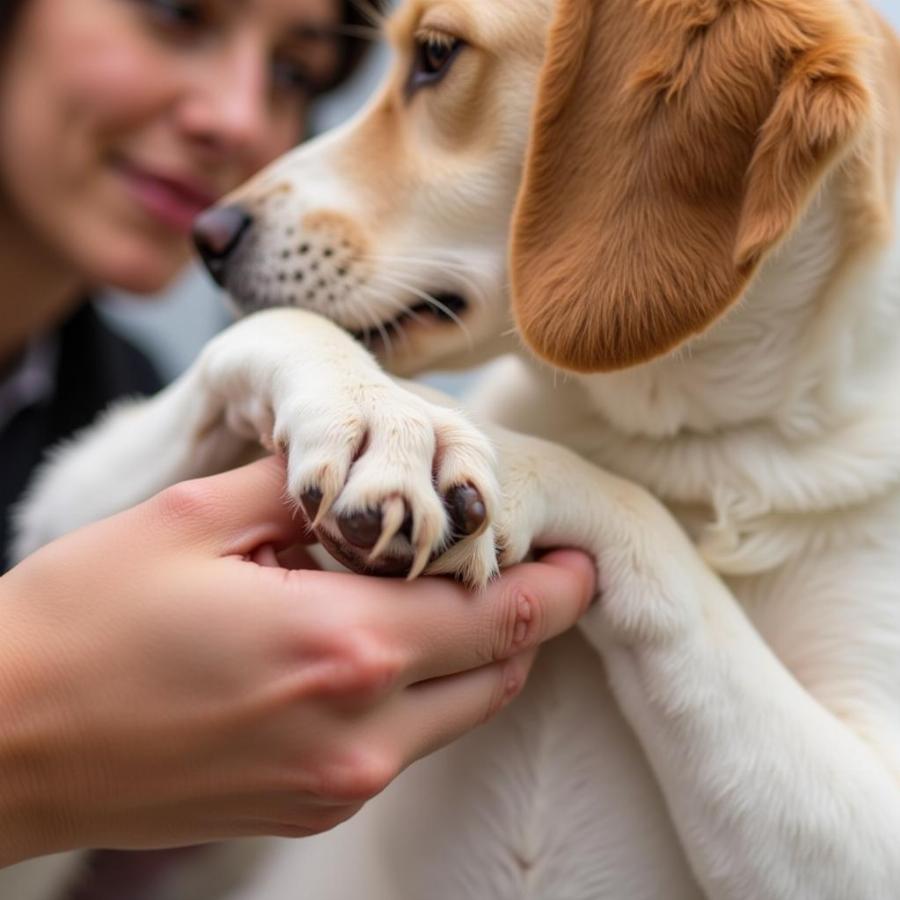 Checking a dog's paw for injuries