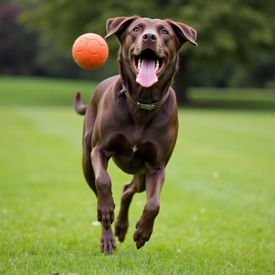 Chó Labrador Retriever Hound Dog Mix đang chơi trò bắt bóng