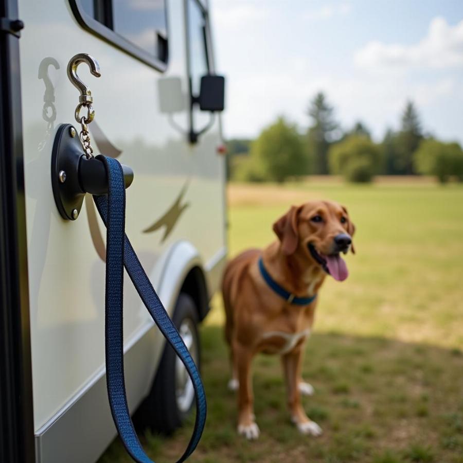 Dog attached to an RV-mounted hook.