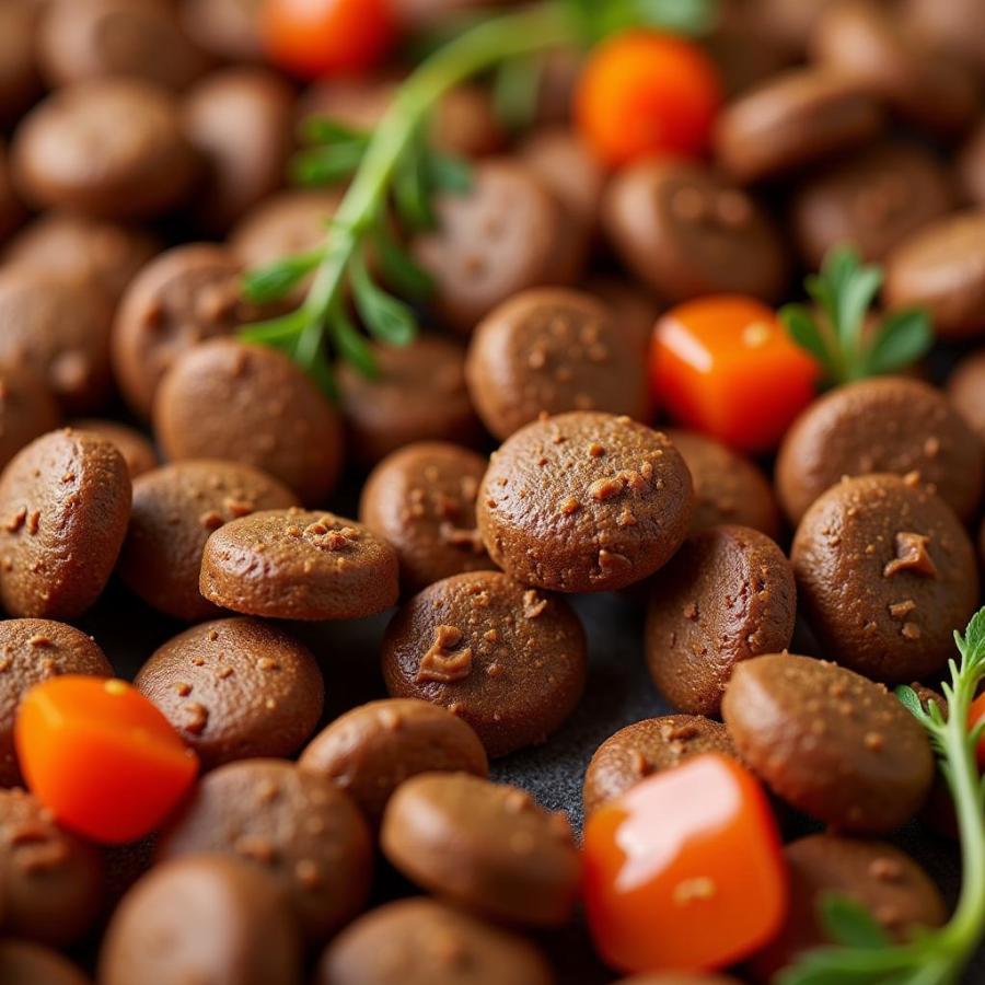 A close-up of Merrick dog food kibble with visible pieces of real meat and vegetables.