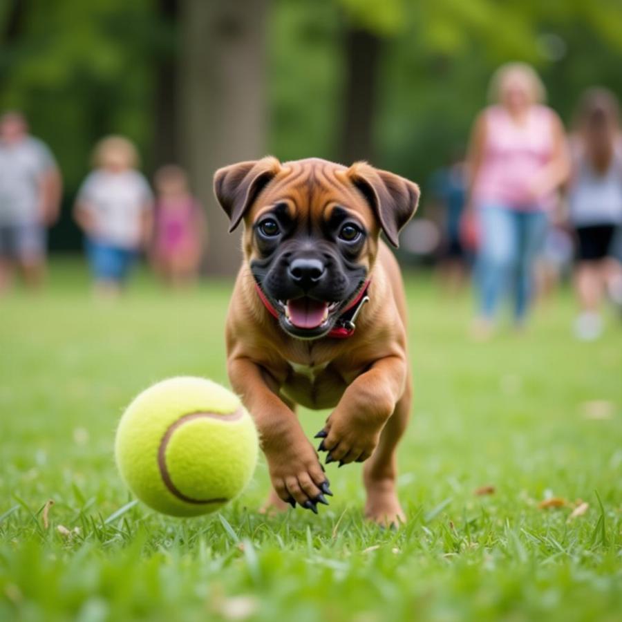 Miniature Boxer playing fetch