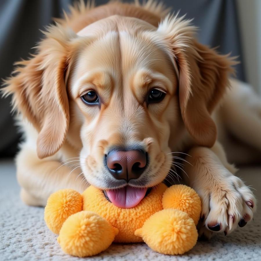 Neutered Dog Nibbling on Toy