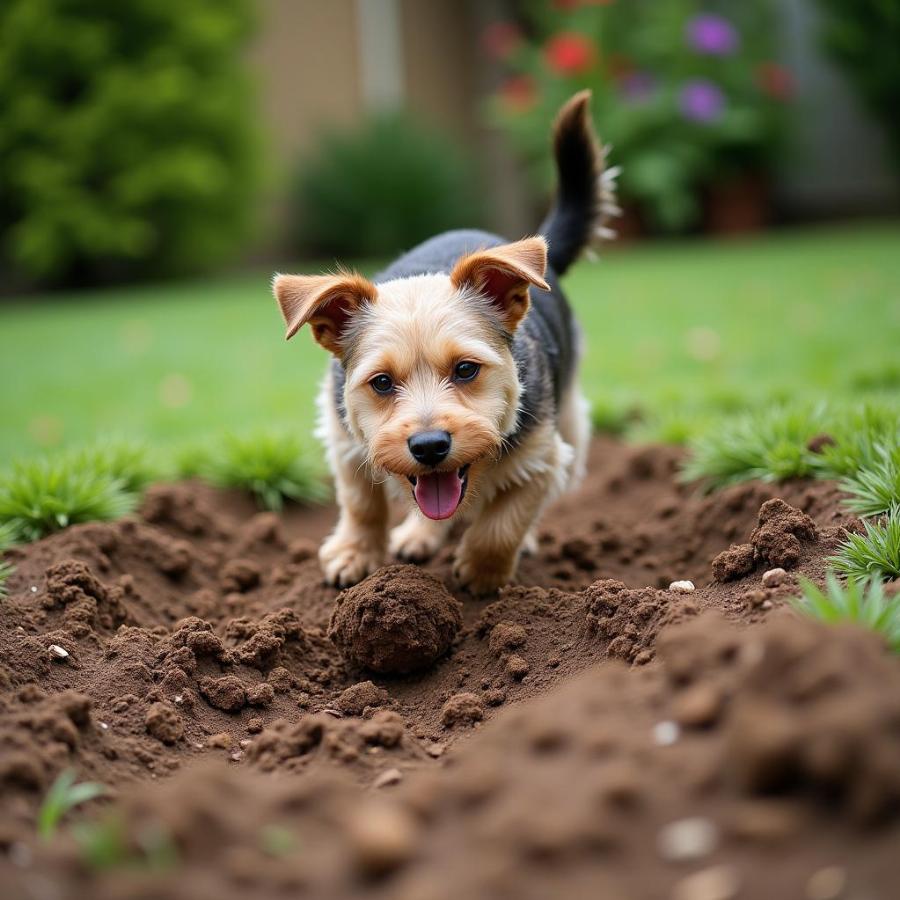 Dog digging in the garden