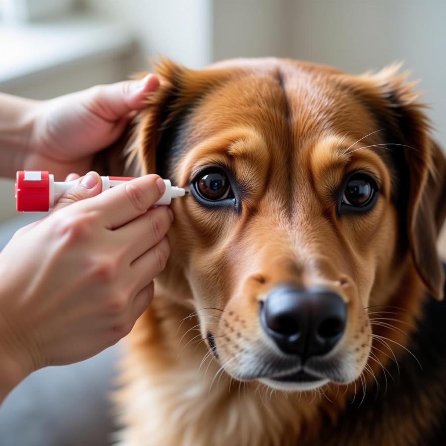 Dog with Cataracts Receiving Eye Drops