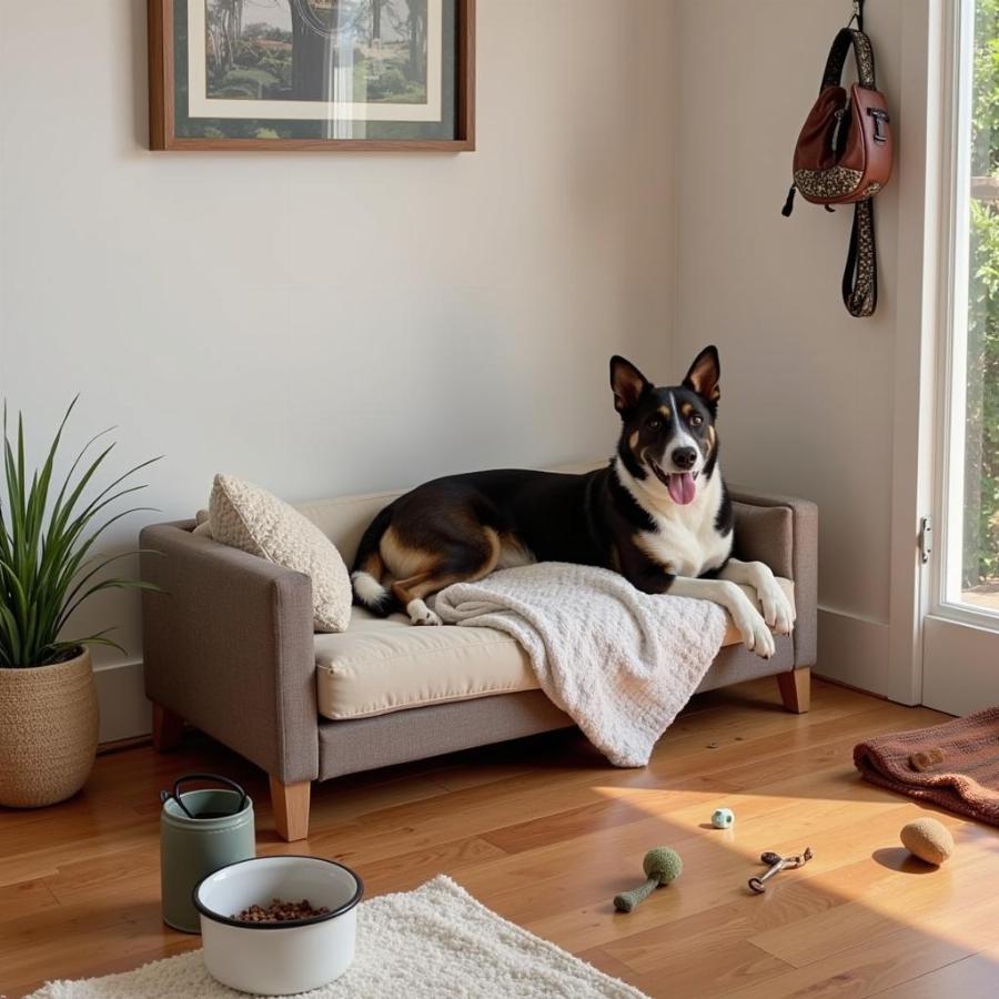 Preparing a home for a Milos rescue dog, including food bowls, toys, and a bed.