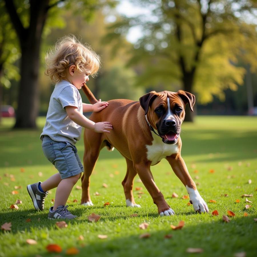 Ridgeback Boxer Dog Playing with Child