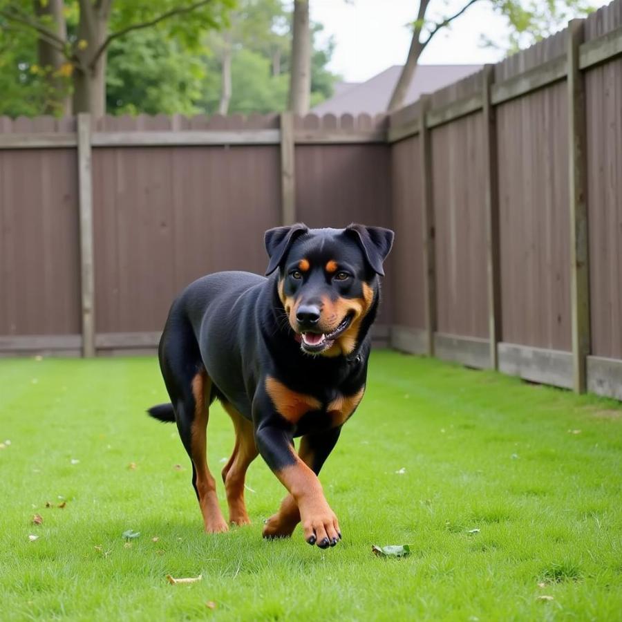 Hình ảnh chó Rottweiler lai sói đang chơi trong sân có hàng rào