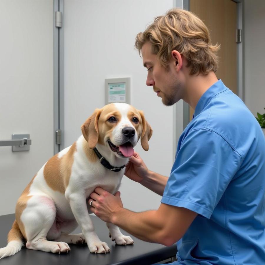 Dog at the vet clinic for a check-up after vaccination