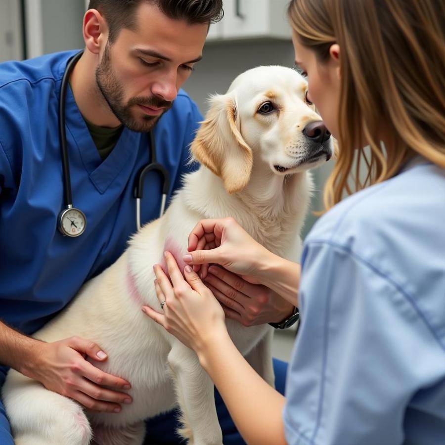 Vet checking dog after surgery