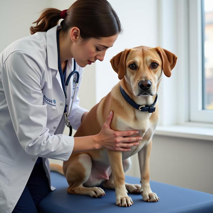 Veterinarian examining a female dog