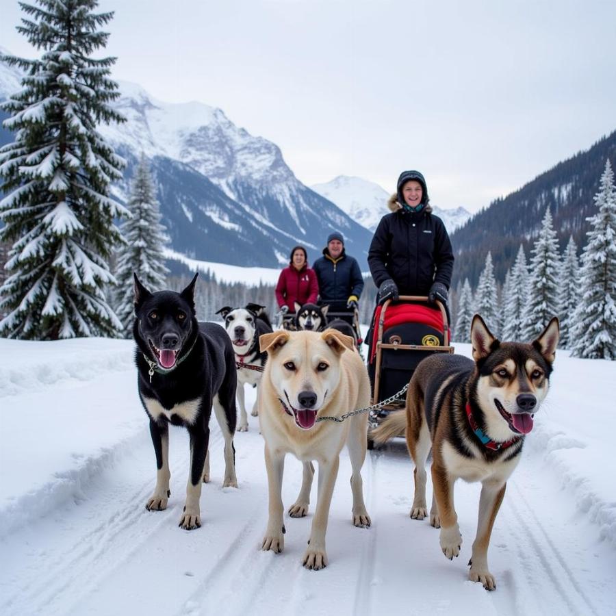 A group of people enjoying a dog sledding tour in Whistler