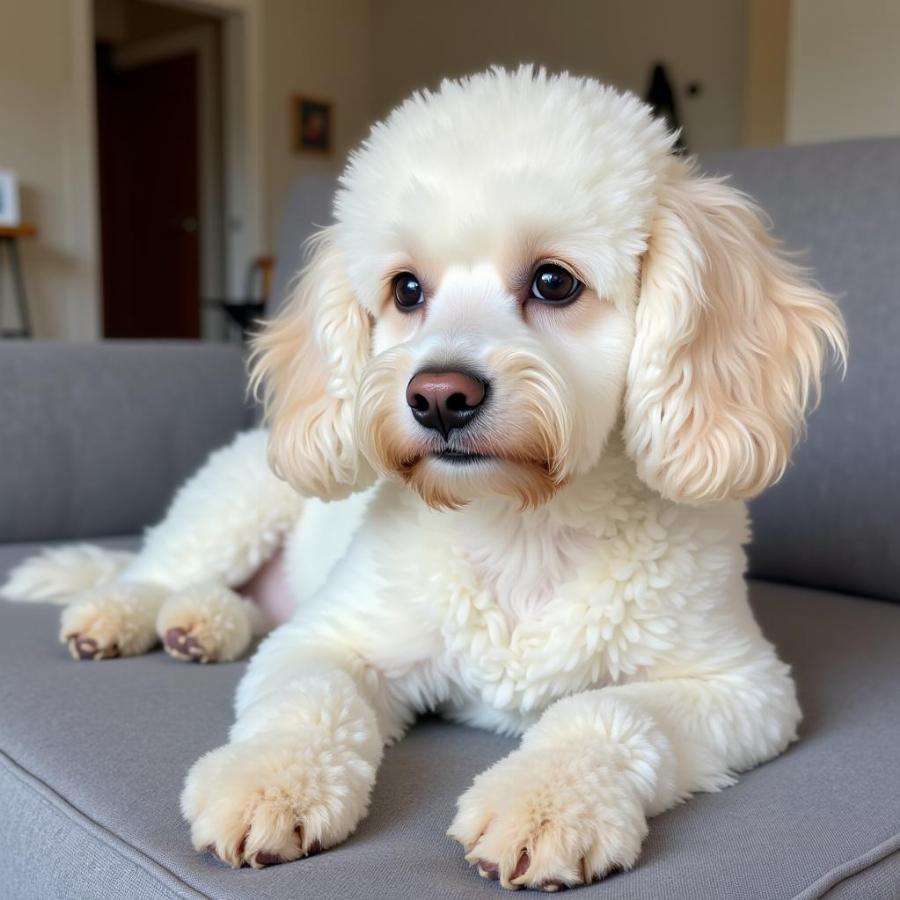 Chó Poodle trắng ngồi trên ghế sofa