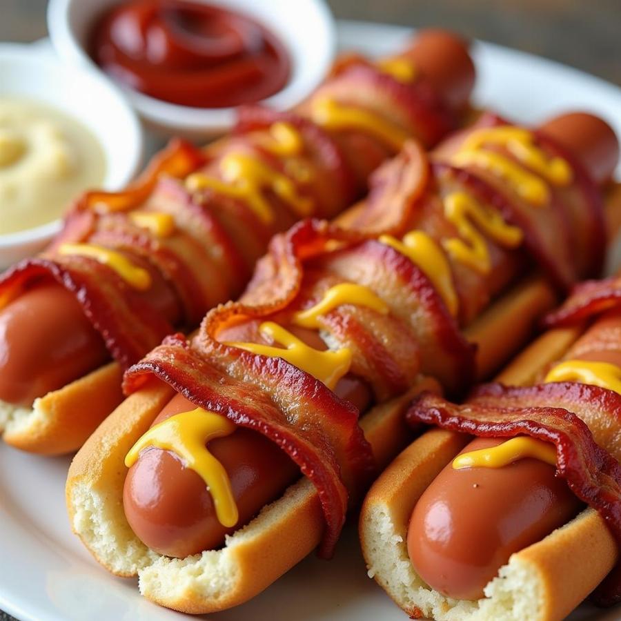 Bacon-wrapped hot dogs with honey-mustard glaze