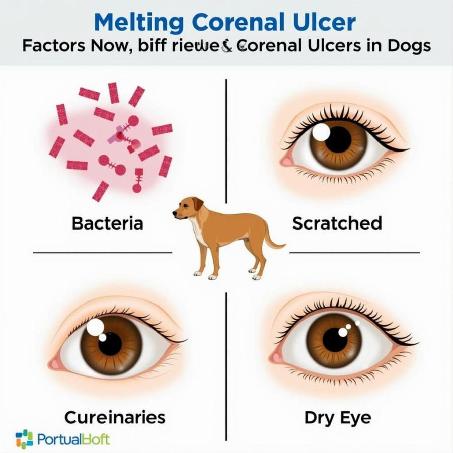 Illustration depicting the various causes of melting corneal ulcers in dogs, including bacterial infection, trauma, and dry eye.